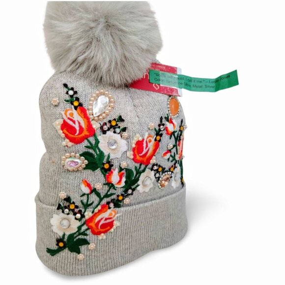 Vibrant Grey Knit Orange Floral Embroidered Crystal Beanie & Glove Set TT1550 - Picture 4 of 6